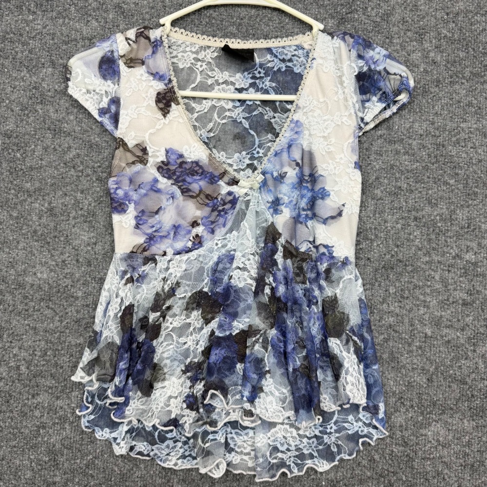 Vintage Style Blue Floral Lace‎ Babydoll Top V-Neck Cap Sleeve Size small